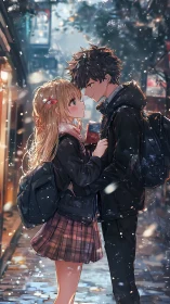Snow-dusted side street pauses as two shy hearts lean closer