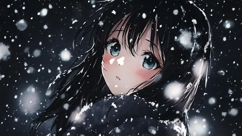 Anime-style portrait of girl in snowfall with dark background