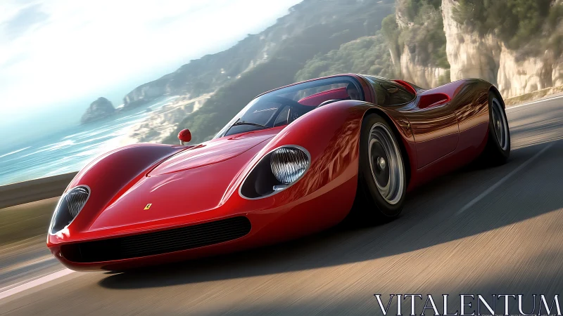 Sunlit coastal drive with a sleek red classic sports car.