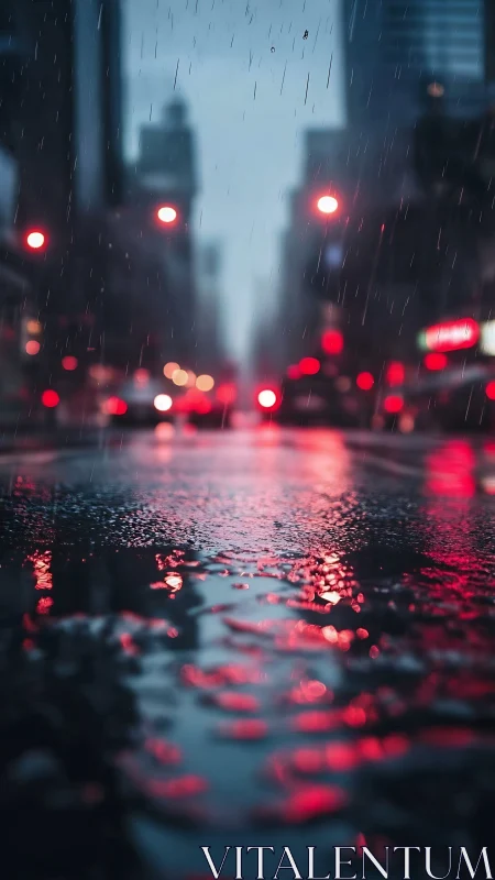 Rain-soaked urban street with bokeh traffic lights at dusk