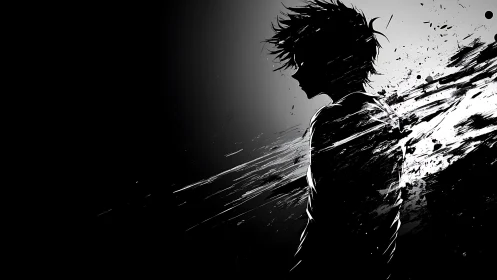 Silhouetted figure dissolving in dynamic monochrome bursts.