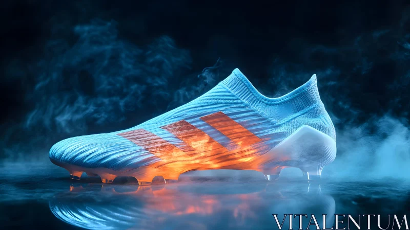 Futuristic blue soccer cleat with glowing orange highlights in mist. Futuristic blue soccer cleat with glowing orange highlights in mist.