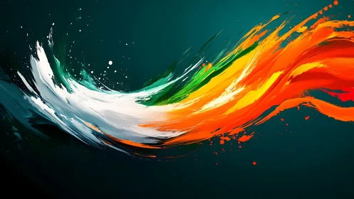 Curved tricolor paint streaks traverse a dark teal background