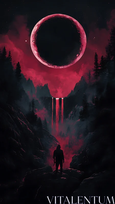 Lone hooded figure before crimson eclipse and cascading falls