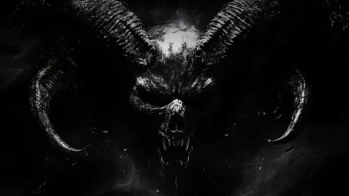 Horned abyssal skull erupts from shadow-cloaked darkness.