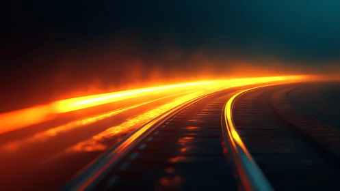 Curved railway tracks with bright orange light trail glow.