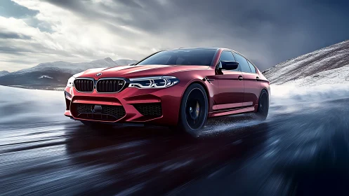 Red performance sedan powers through icy mountain highway.