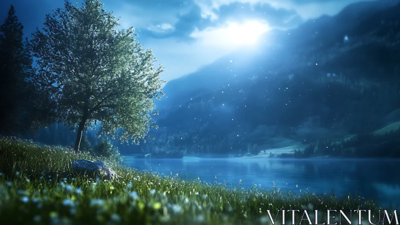 Moonlit lakeside tree under glowing night sky panorama.