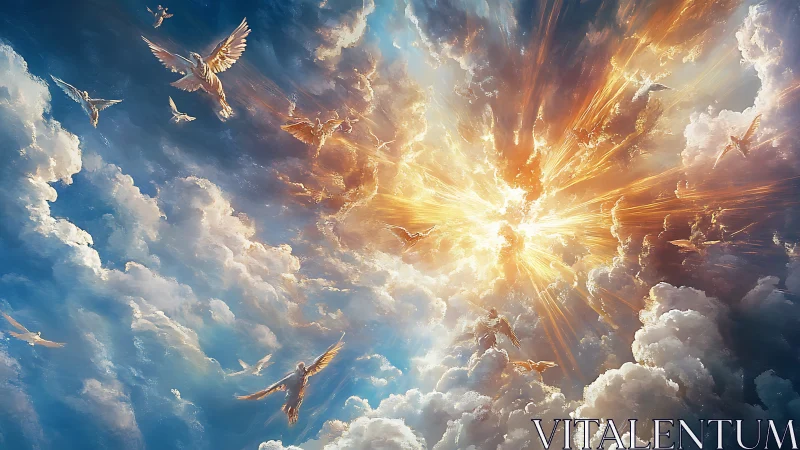 Heavenly host ascending through radiant, shattering sky portal.