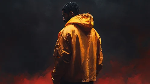 Solitary hooded figure in amber jacket against smoky void.