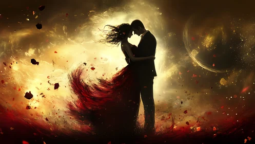 Two souls ablaze, embracing within inferno's golden dance.