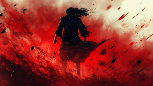 Storm-touched warrior strides through a blazing red battlefield