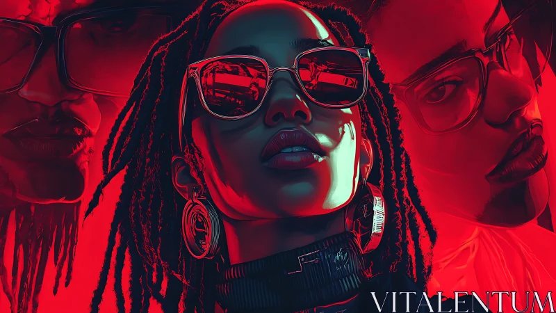 Triadic neon portrait with reflective eyewear and red chroma field.