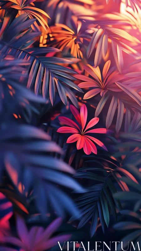 Neon twilight petals glowing in a dreamlit jungle hush.