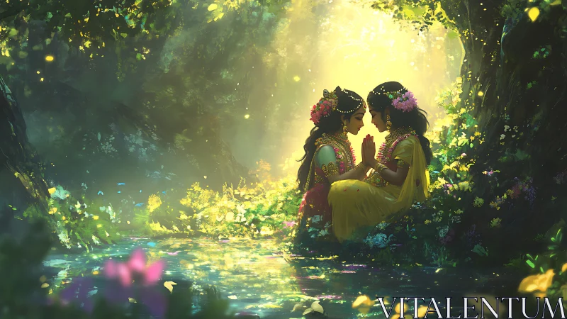 Sunlit forest prayer where flower-crowned sisters glow softly.