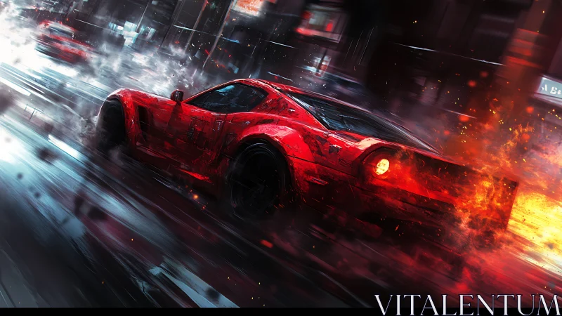 Red sports car moves through wet urban street at speed
