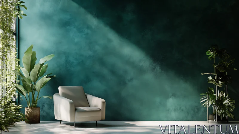 Photorealistic serene lounge with emerald textured accent wall.
