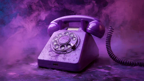 Velvet-purple rotary phone hums in dreamy neon fog