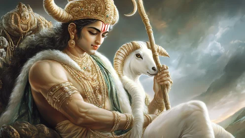 Mythic warrior figure with ram companion and staff outdoors.