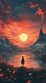 Child gazing at a glowing sunset over a dreamlike lake.