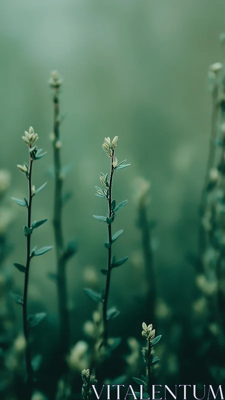 Delicate herbaceous stems with emerging buds in soft-focus botanical field.