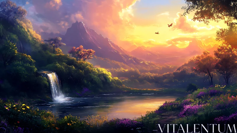 Sunlit valley retreat with glowing mountains and gentle falls.