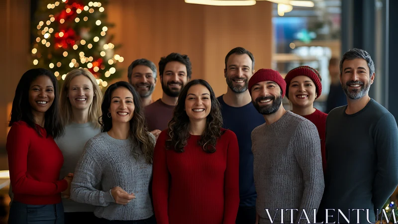 Smiling coworkers celebrate holiday season in modern office.
