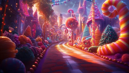 Candy-Textured Fantasy Cityscape with Luminous Holiday Architecture