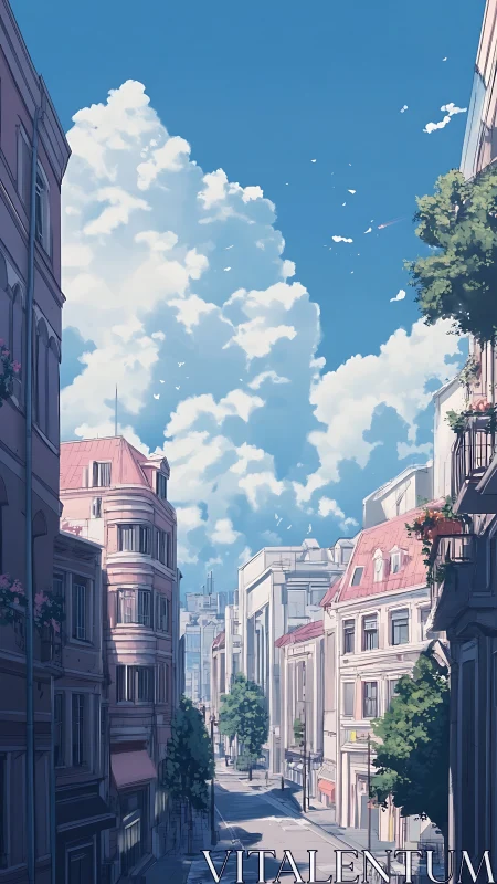 Sunny European street under towering summer clouds.