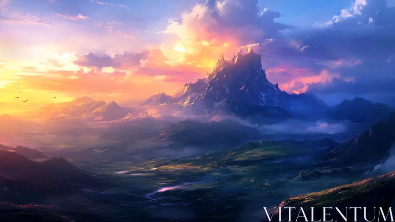 Mountain landscape under vivid sunset sky with clouds.