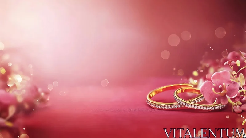 Golden wedding rings rest on soft pink floral velvet.