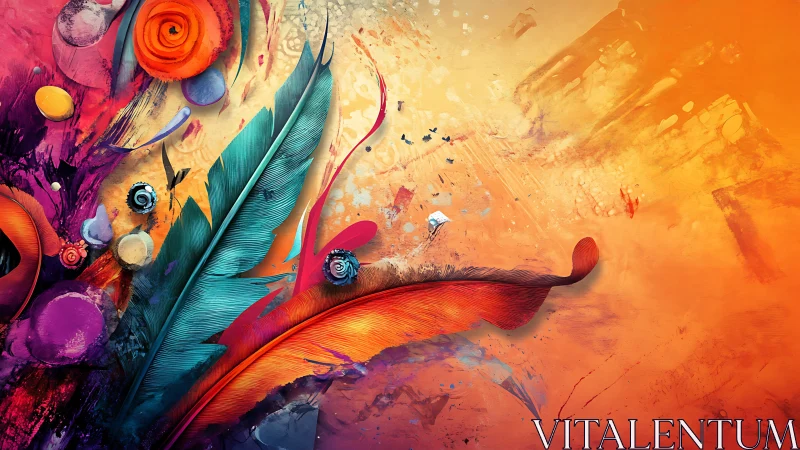 Vibrant abstract feathers erupt across a glowing orange canvas