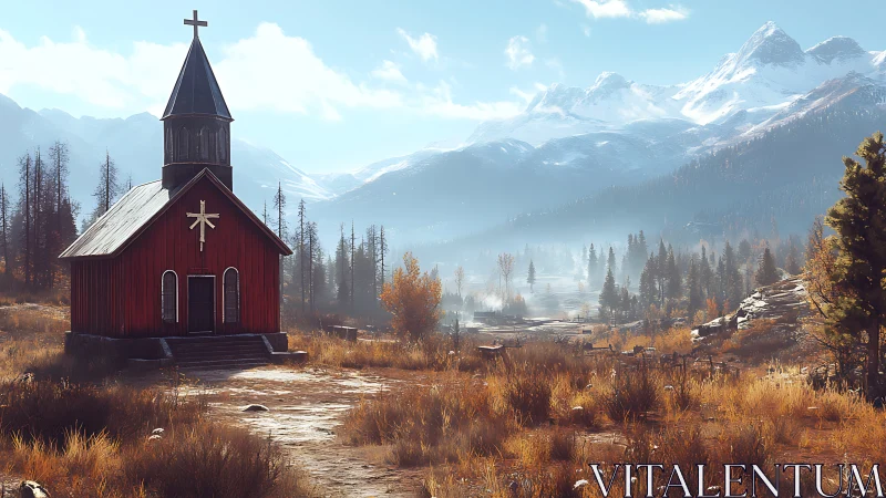 Red wooden church stands in autumn valley below snowy peaks