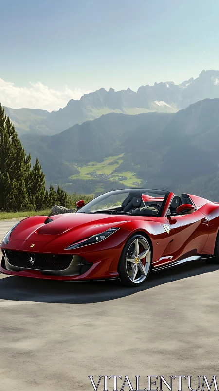 Sleek red convertible pauses on a sunny mountain road