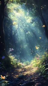 Enchanted forest corridor features radiating volumetric light through dense canopy