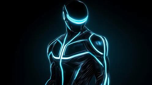 Neon cybernetic figure glows with electric blue circuitry.