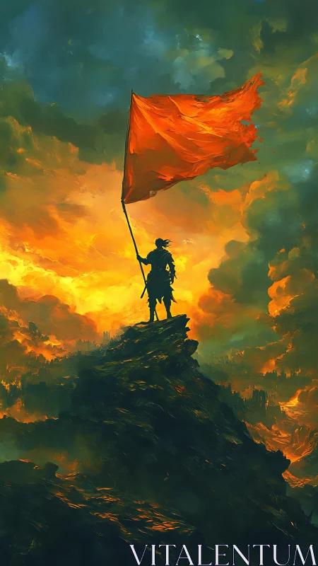 Lone warrior raises tattered red banner over burning horizon
