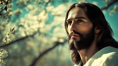 Soft-lit bearded mystic beneath awakening spring blossoms.