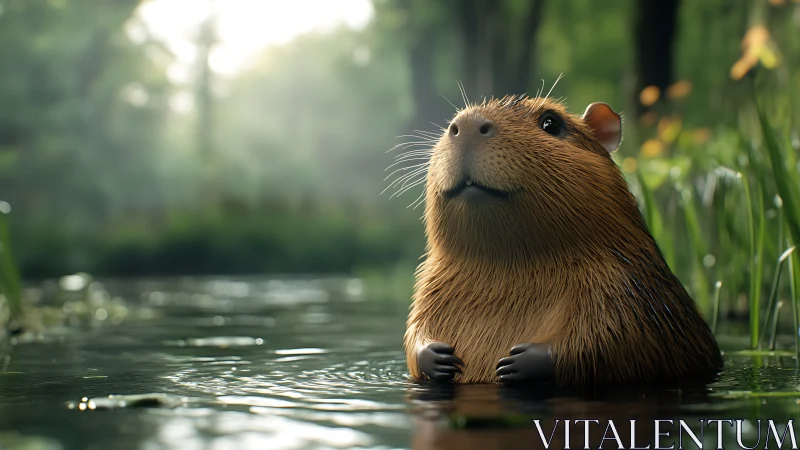 Wet river rodent watches forest light over calm water.