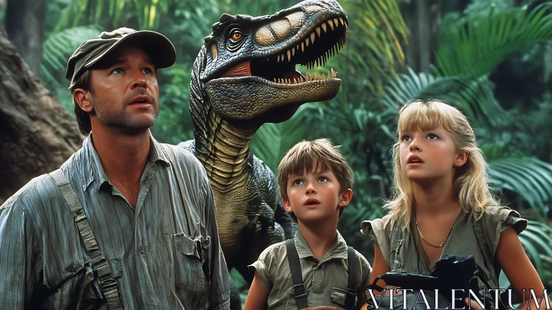 Man, two children and dinosaur model in dense jungle setting.