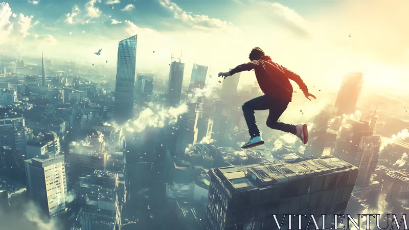 Skyline daredevil kicks off the morning light above towers