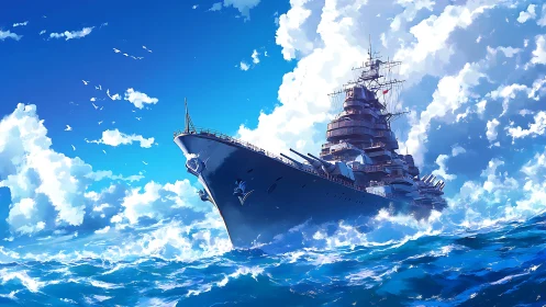 Large battleship cuts through dynamic waves under cumulonimbus sky
