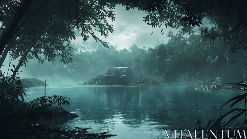 Misty lakeside cabin nestled in emerald forest.