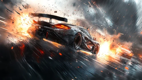 Night storm street racers chasing sparks and wild speed.