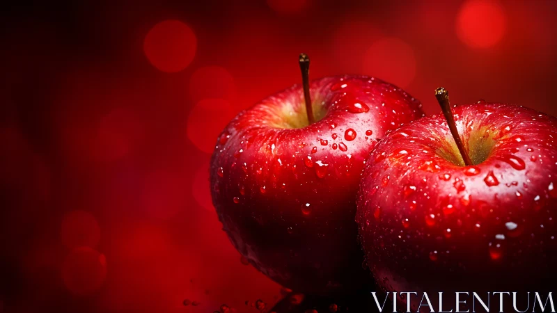 Glowing red apples shimmer with dewy water droplets.