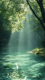 Sunlit forest creek with clear turquoise water surface.