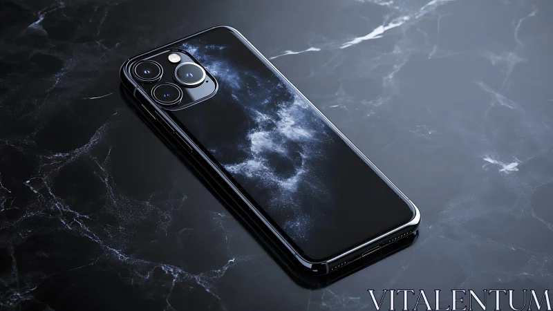 Glossy black smartphone with cosmic glass back design.