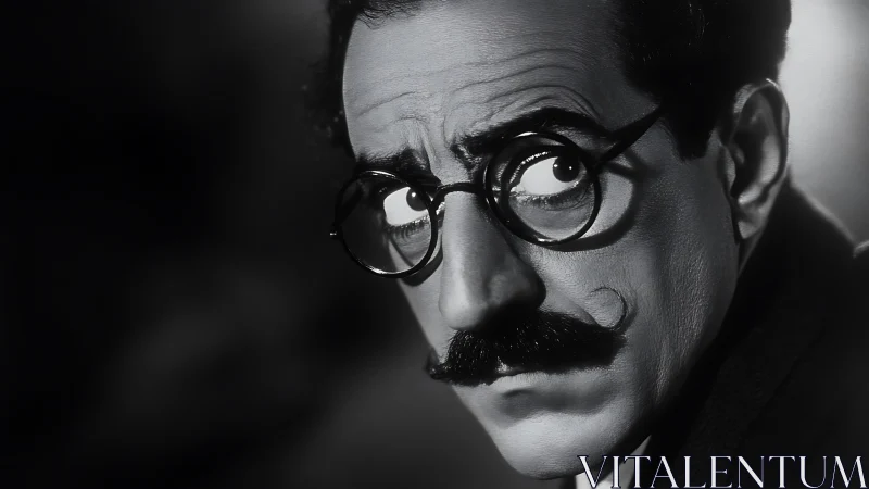 Black and white portrait of man with glasses and mustache.
