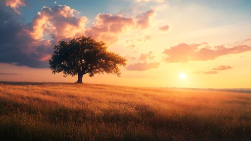 Solitary tree anchors a glowing sunset over windblown grassland