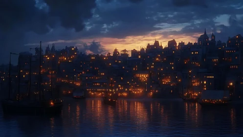 Harbor city aglow with lantern lights at calm blue dusk.